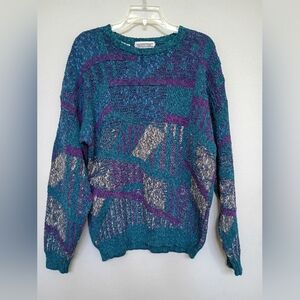 Pronto Uomo Made In Italy Teal and Purple Geometric Vintage Sweater Size Large